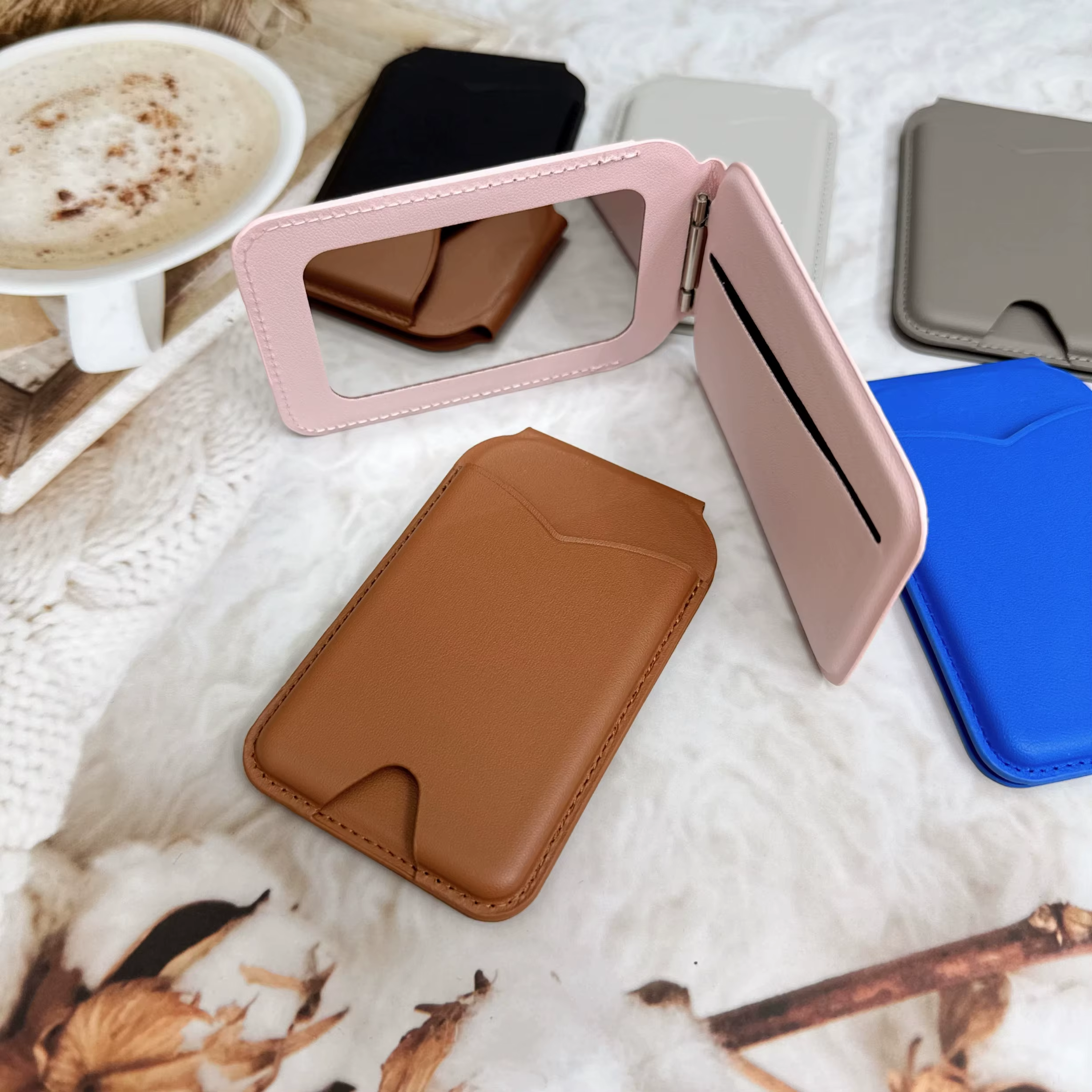 INEYES New Magnetic Wallet Stand with Mirror Compatible with Magsafe Adjustable Kickstand PU Leather Card Holder Phone Holder