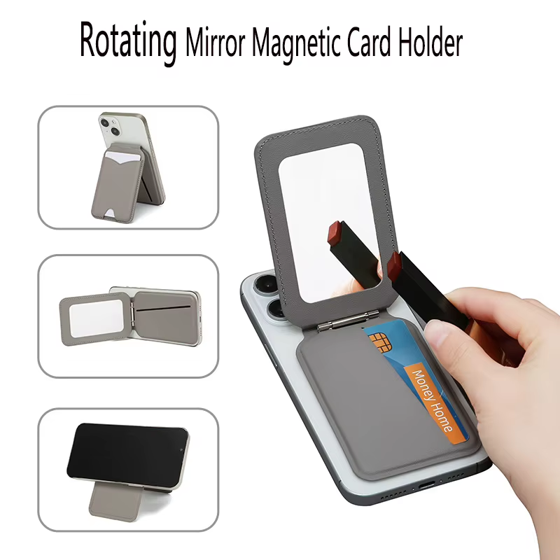 INEYES New Magnetic Wallet Stand with Mirror Compatible with Magsafe Adjustable Kickstand PU Leather Card Holder Phone Holder