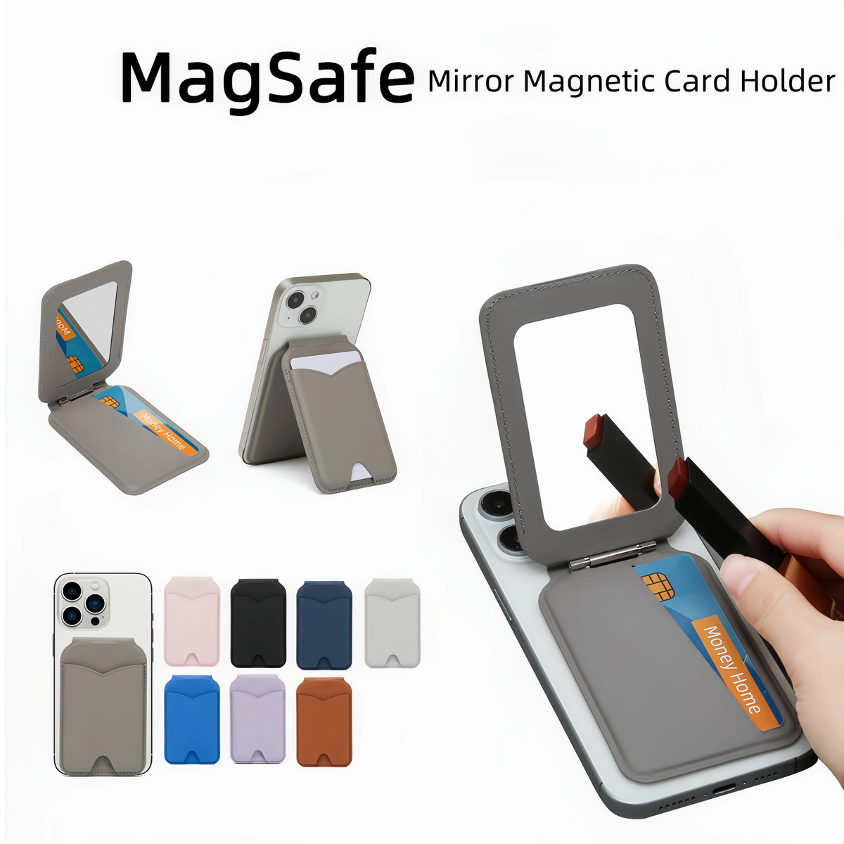 INEYES New Magnetic Wallet Stand with Mirror Compatible with Magsafe Adjustable Kickstand PU Leather Card Holder Phone Holder