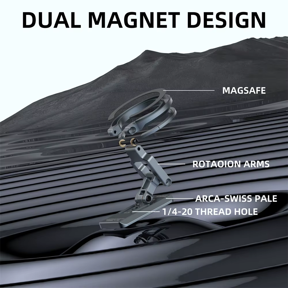 Dual Magnetic Phone Holder Foldable Tripod Phone Mount 1/4'' & ARCA-Swiss Desk Gym/Car/Airplane Stand for Masafe iPhone Android