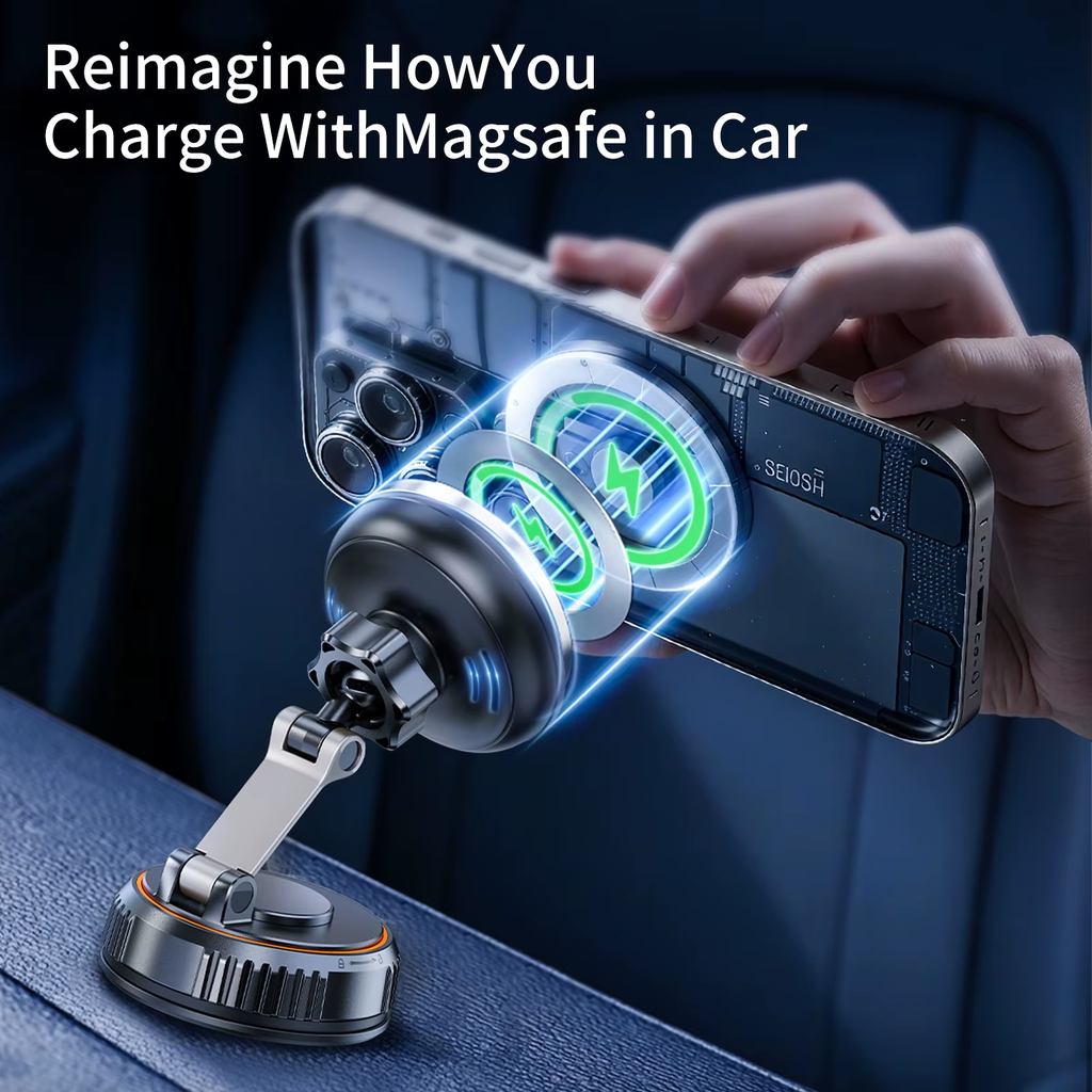 Magnetic 15w Fast Charging Wireless Phone Charger Car Holder Built-in Fan Vacuum Suction Cup 360° Rotation For IPhone17 16 15Pro