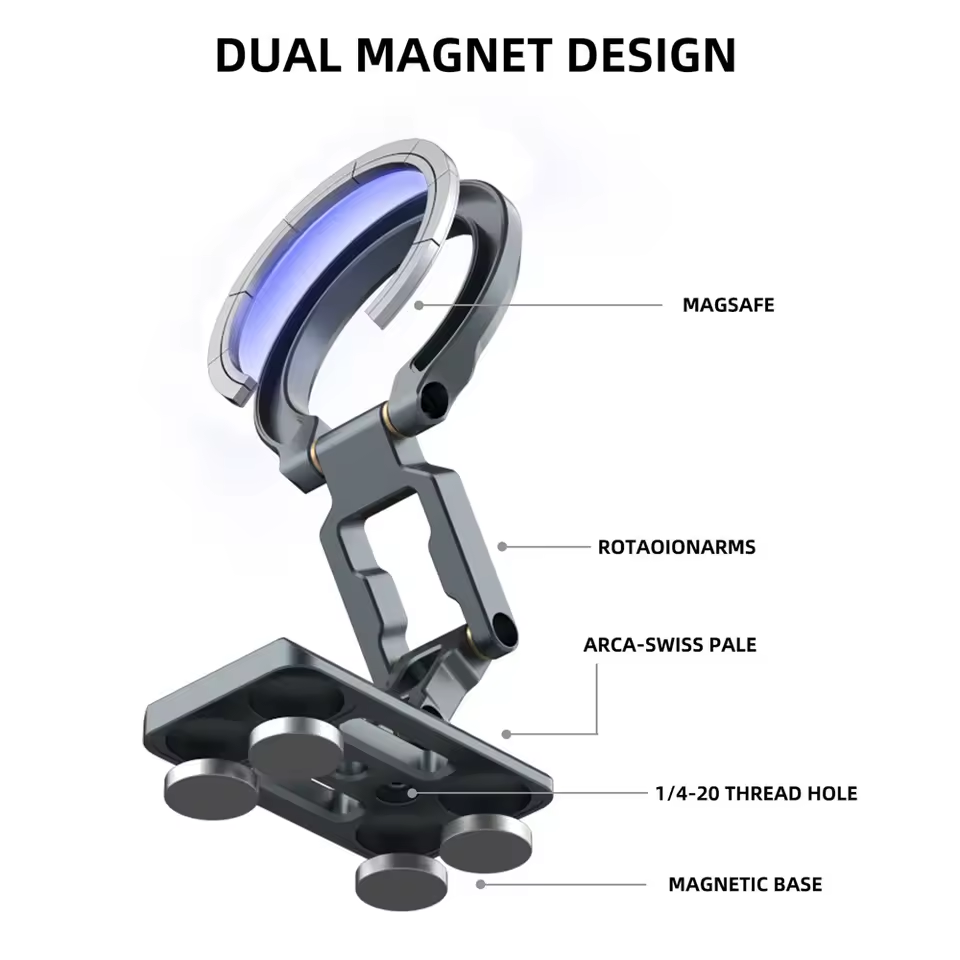 Dual Magnetic Phone Holder Foldable Tripod Phone Mount 1/4'' & ARCA-Swiss Desk Gym/Car/Airplane Stand for Masafe iPhone Android