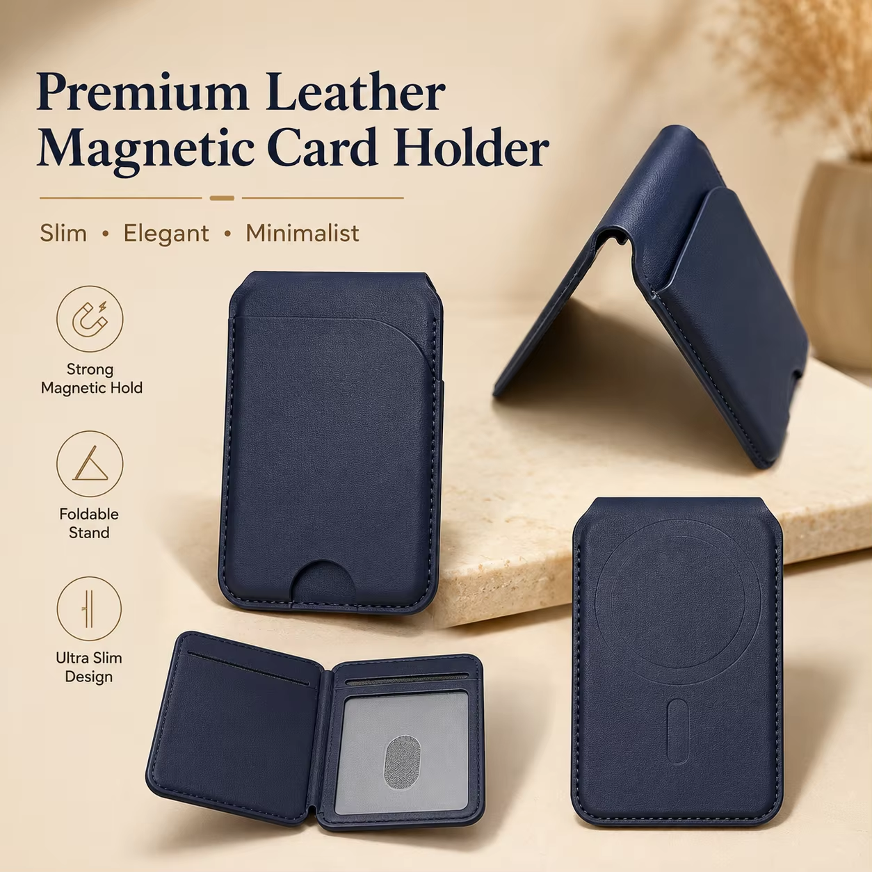 Magnetic Leather Card Holder Foldable Phone Stand, Magsafe Wallet Card Pocket Slim Minimalist ID Credit Card Case for iPhone Mag