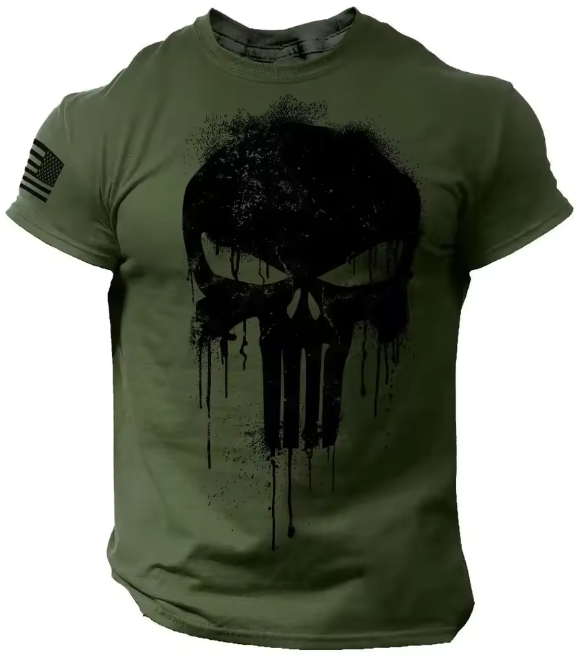 Men's 3D Printed Military Patriotic Skull Pattern Sports T-Shirt for Outdoor Quick-Drying and Breathable Short Sleeve