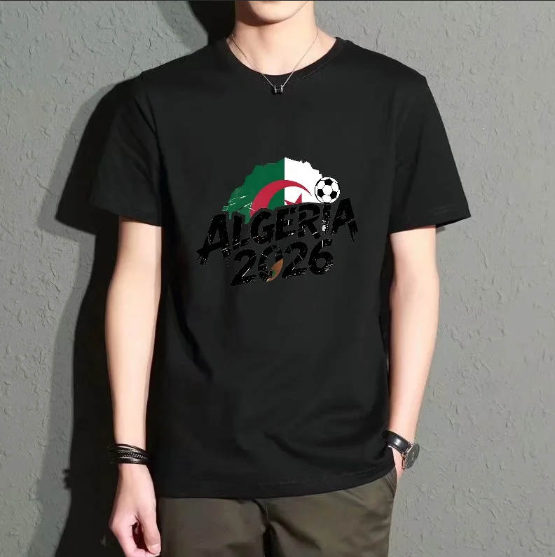 Men's Black Round-Neck Short-Sleeved T-Shirt, Algeria 2026 Football Print Top, Casual Sports Style, Versatile, Breathable and Comfortable, Suitable for Daily Travel and Street Fashion