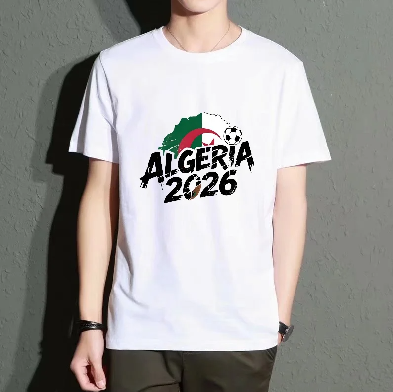 Men's White Round-Neck Short-Sleeved T-Shirt, Algeria 2026 Football Print Top, Casual Sports Style, Versatile, Breathable and Comfortable, Suitable for Daily Travel and Street Fashion