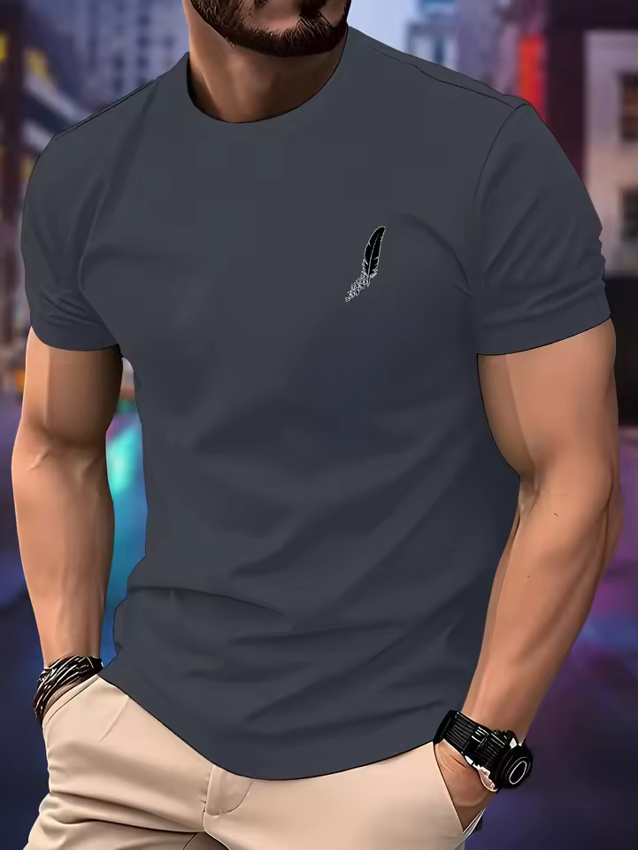 New Round Neck Running T-shirt Men Summer Thin Top Feather print Quick Dry Short Sleeve Breathable Fitness Sports T-shirt Wear